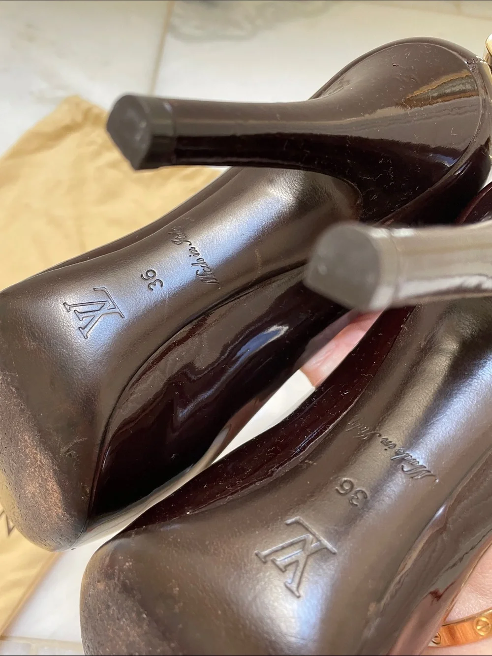 Louis Vuitton Brown Patent Peep-Toe Stiletto Heels with Gold Hardware